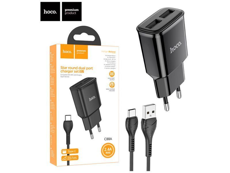 Зарядний блок Hoco C88A (2USB, 2.4A) + кабель Type-C чорний