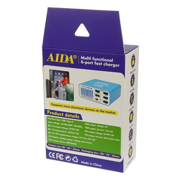 Мережева зарядна станція Aida AD30 (5 USB / 1 Type-C, Fast Charge 3.0, 40W)