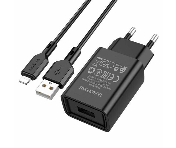 Зарядный блок Borofone BA68A (1USB/2.1A) + кабель Lightning черный