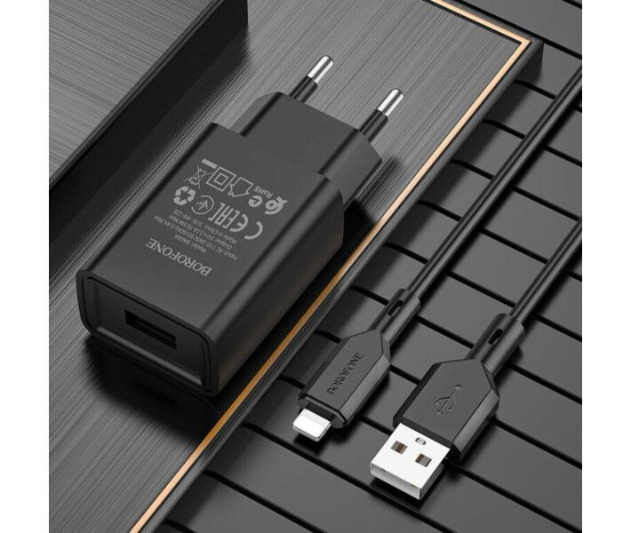 Зарядный блок Borofone BA68A (1USB/2.1A) + кабель Lightning черный