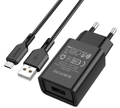 Зарядний блок Borofone BA68A (1USB/2.1A) + кабель MicroUSB чорний