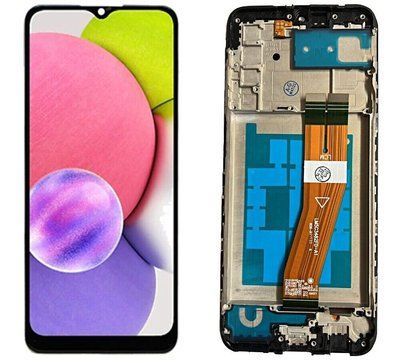 Дисплей для Samsung Galaxy A03s A037 с желтым шлейфом и с сенсором и рамкой черный (160 х 72 мм)