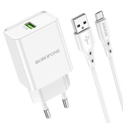 Зарядний блок Borofone BN5 QC3.0 (1USB/3A) + кабель Micro-USB білий