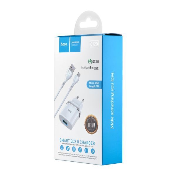 Зарядный блок Hoco C12Q (1USB, 3A, QC 3.0, 18W) + кабель MicroUSB белый