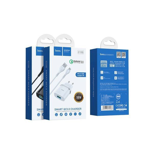 Зарядный блок Hoco C12Q (1USB, 3A, QC 3.0, 18W) + кабель MicroUSB белый