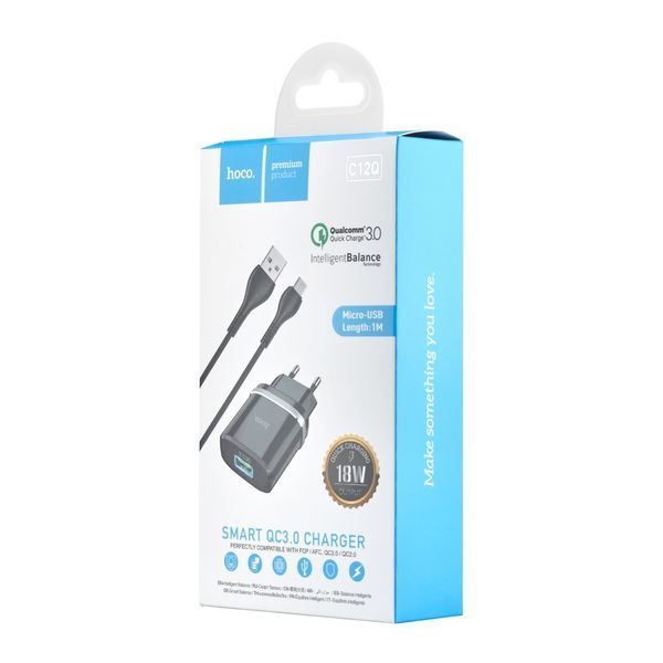 Зарядный блок Hoco C12Q (1USB, 3A, QC 3.0, 18W) + кабель Micro USB черный