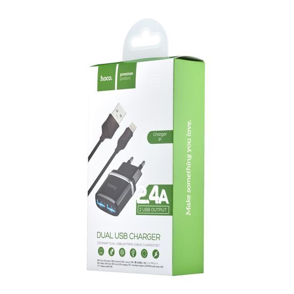 Зарядный блок Hoco C12 Smart (2USB, 2.4A) + кабель Lightning черный