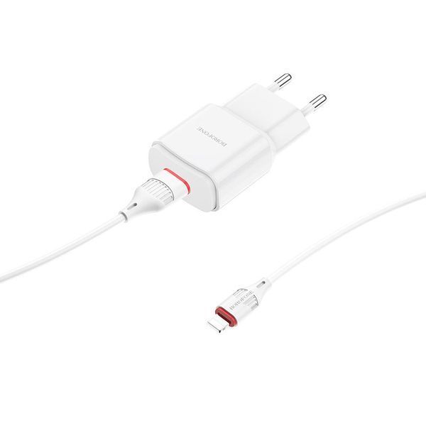 Зарядный блок Borofone BA48A (1USB/2.1A) + кабель Lightning белый