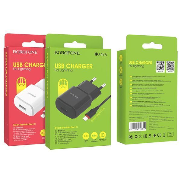 Зарядный блок Borofone BA48A (1USB/2.1A) + кабель Lightning белый